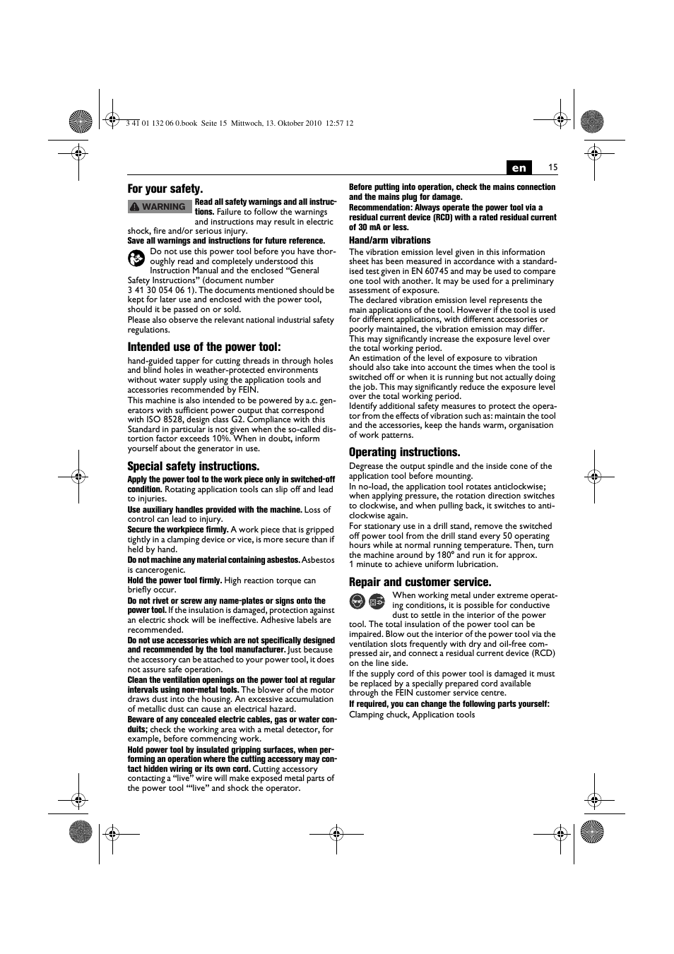 En for your safety, Intended use of the power tool, Special safety instructions | Operating instructions, Repair and customer service | Fein ASge-648 User Manual | Page 15 / 62