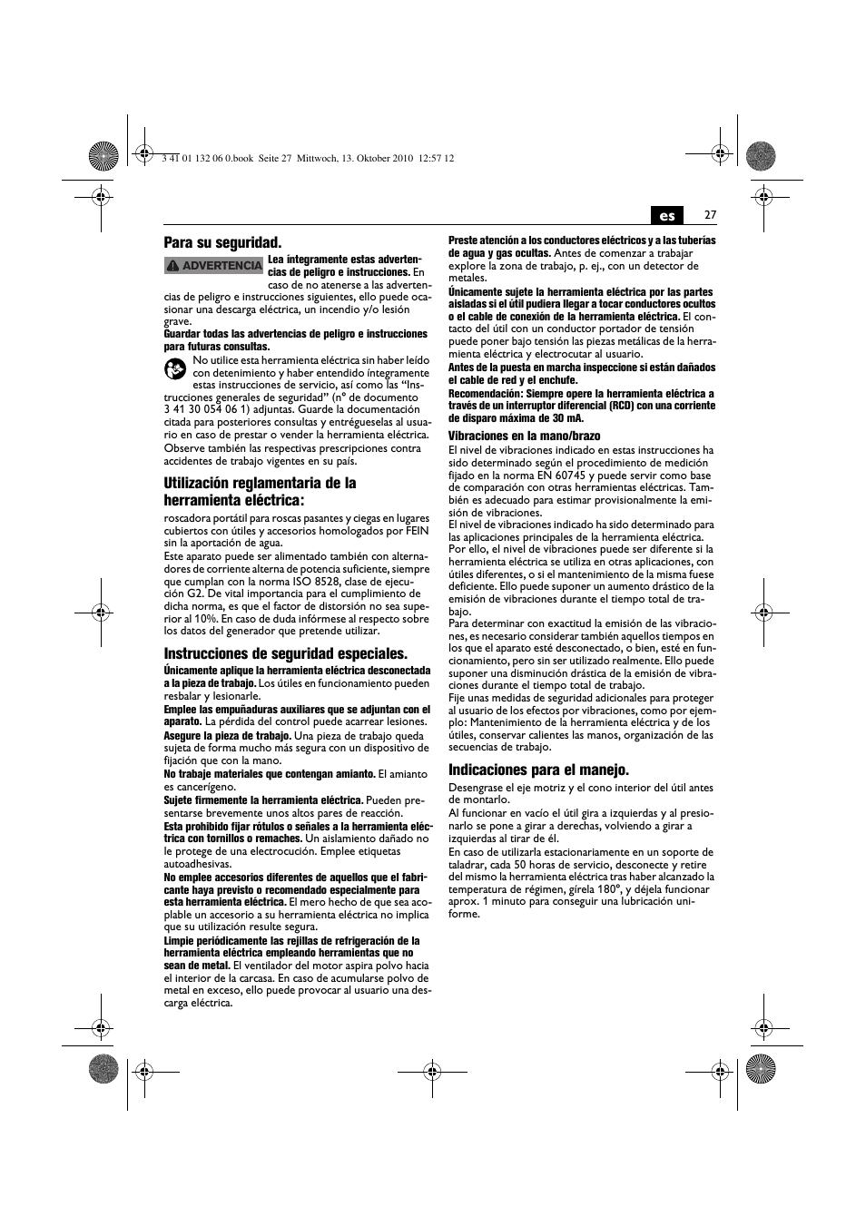 Es para su seguridad, Instrucciones de seguridad especiales, Indicaciones para el manejo | Fein ASge-648 User Manual | Page 27 / 62