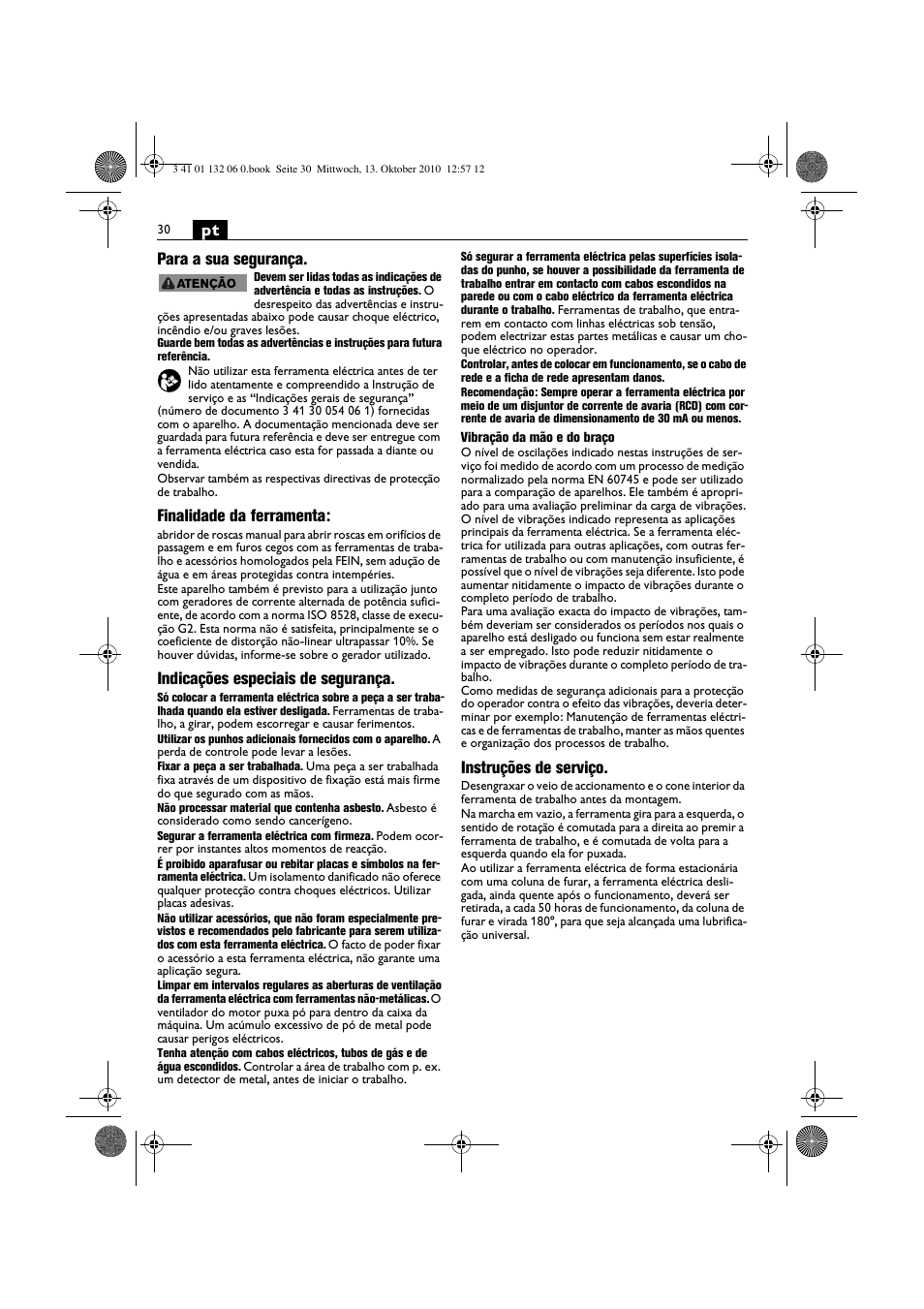 Pt para a sua segurança, Finalidade da ferramenta, Indicações especiais de segurança | Instruções de serviço | Fein ASge-648 User Manual | Page 30 / 62