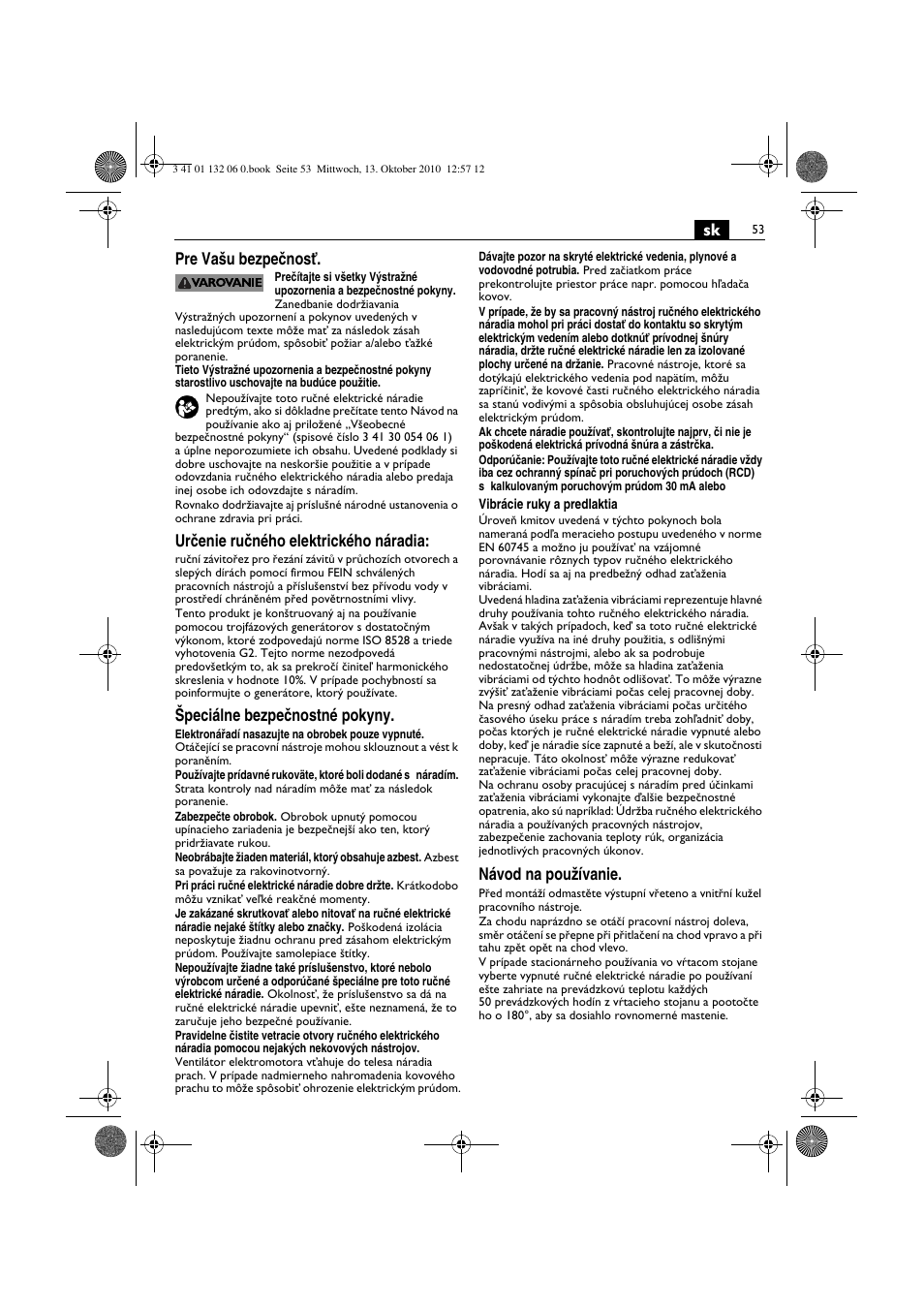 Sk pre va‰u bezpeãnosè, Urãenie ruãného elektrického náradia, Peciálne bezpeãnostné pokyny | Návod na pouïívanie | Fein ASge-648 User Manual | Page 53 / 62