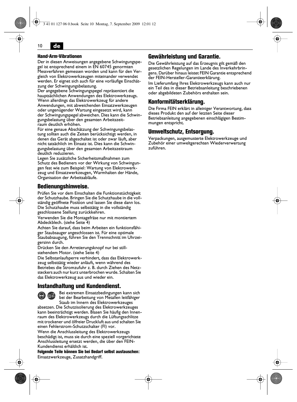 Bedienungshinweise, Instandhaltung und kundendienst, Gewährleistung und garantie | Konformitätserklärung, Umweltschutz, entsorgung | Fein MF14_180 User Manual | Page 10 / 77