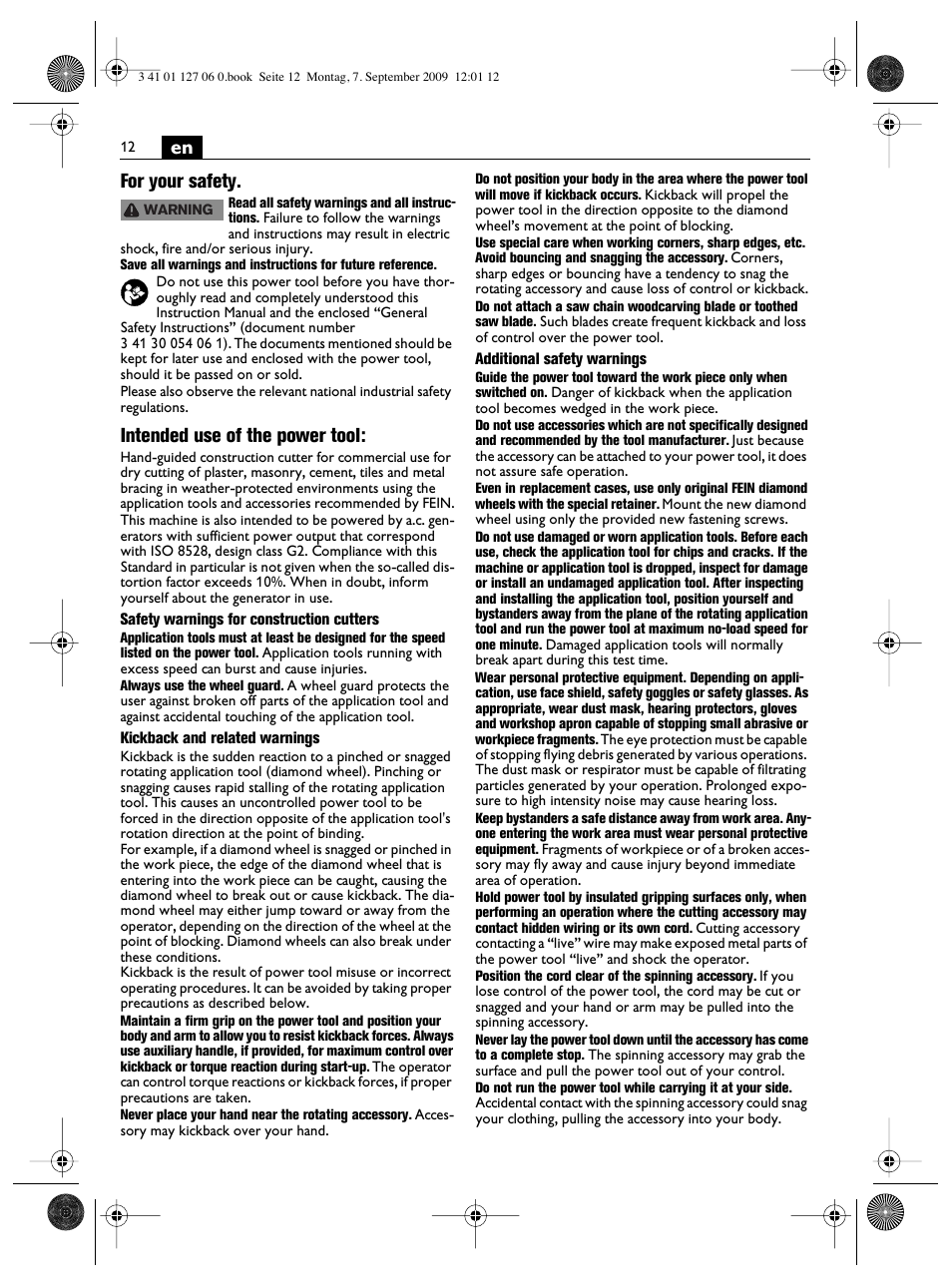 En for your safety, Intended use of the power tool | Fein MF14_180 User Manual | Page 12 / 77