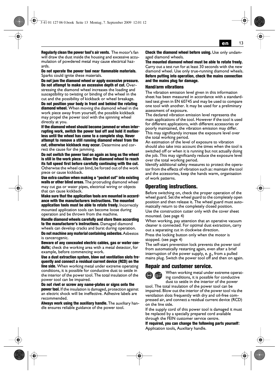 Operating instructions, Repair and customer service | Fein MF14_180 User Manual | Page 13 / 77