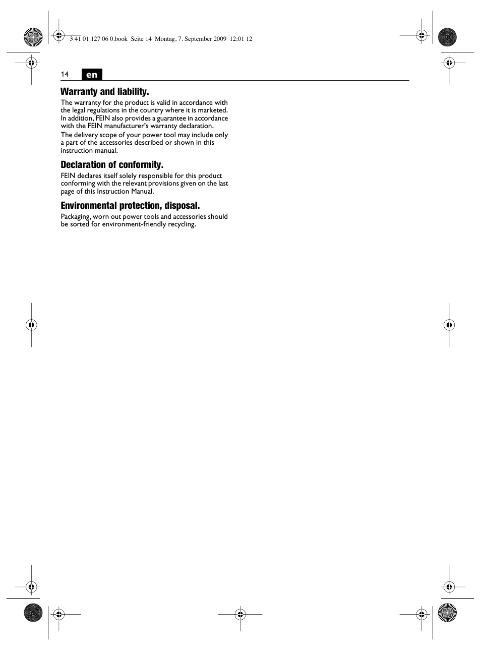 En warranty and liability, Declaration of conformity, Environmental protection, disposal | Fein MF14_180 User Manual | Page 14 / 77