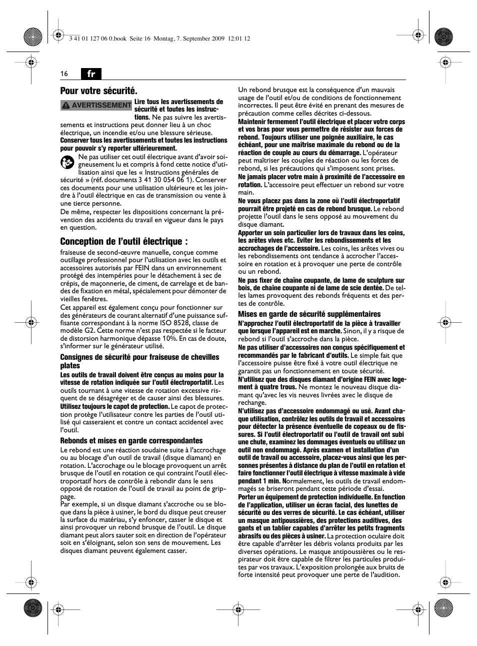 Fr pour votre sécurité, Conception de l’outil électrique | Fein MF14_180 User Manual | Page 16 / 77