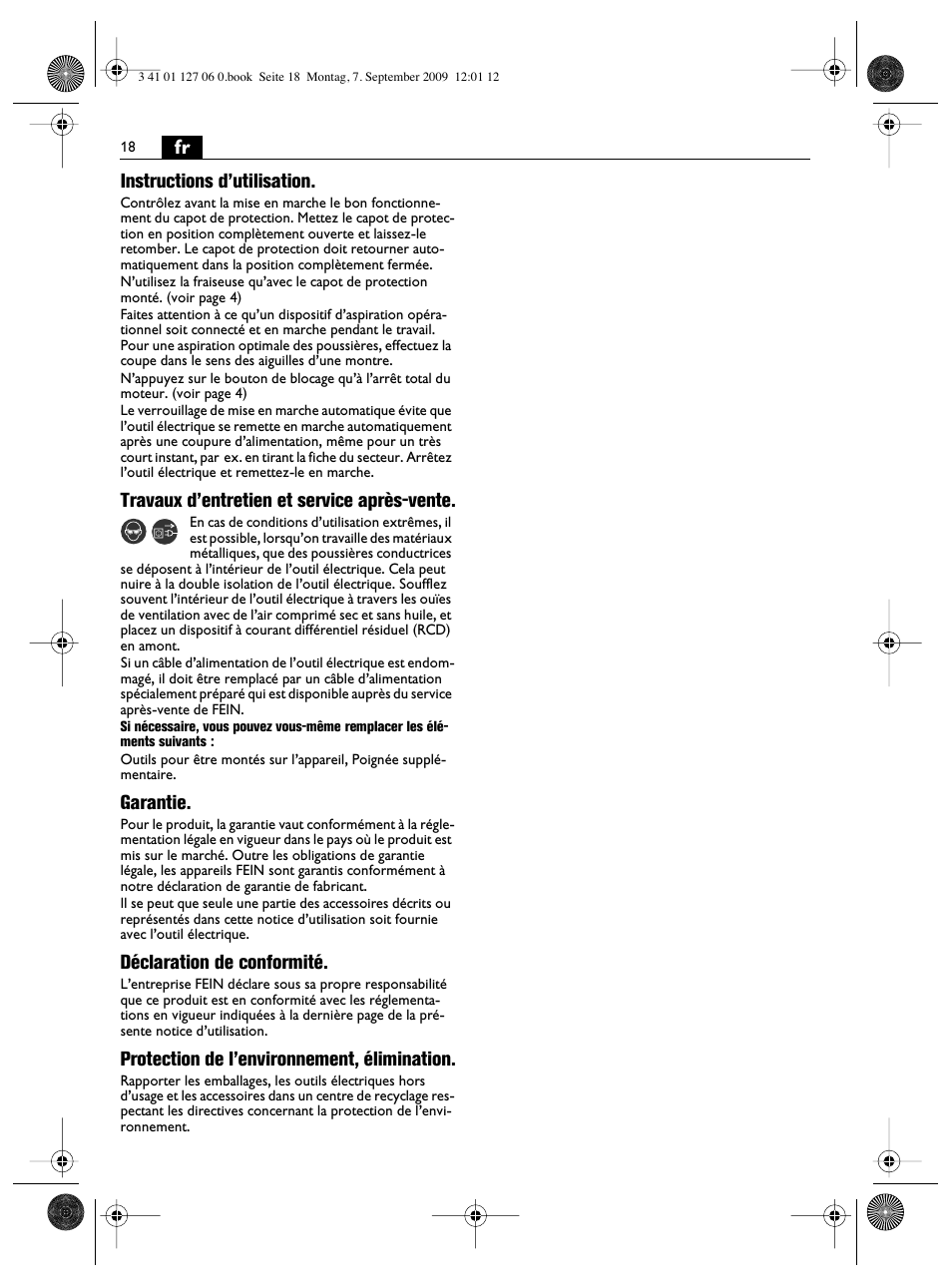 Fr instructions d’utilisation, Travaux d’entretien et service après-vente, Garantie | Déclaration de conformité, Protection de l’environnement, élimination | Fein MF14_180 User Manual | Page 18 / 77