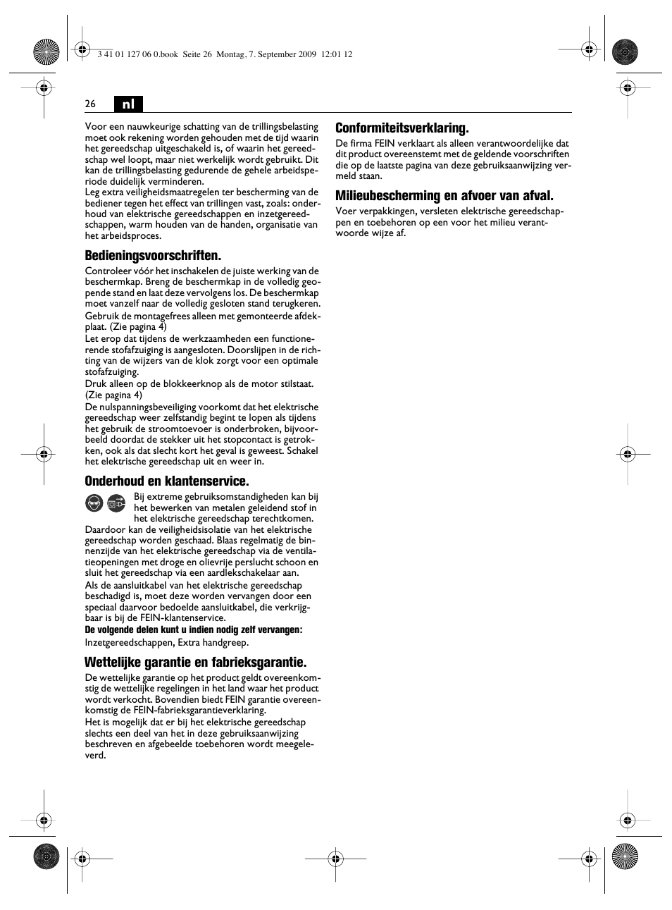 Bedieningsvoorschriften, Onderhoud en klantenservice, Wettelijke garantie en fabrieksgarantie | Conformiteitsverklaring, Milieubescherming en afvoer van afval | Fein MF14_180 User Manual | Page 26 / 77