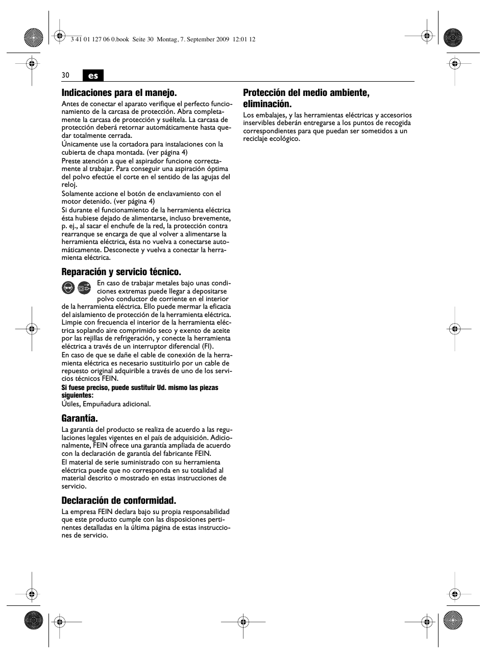 Es indicaciones para el manejo, Reparación y servicio técnico, Garantía | Declaración de conformidad, Protección del medio ambiente, eliminación | Fein MF14_180 User Manual | Page 30 / 77