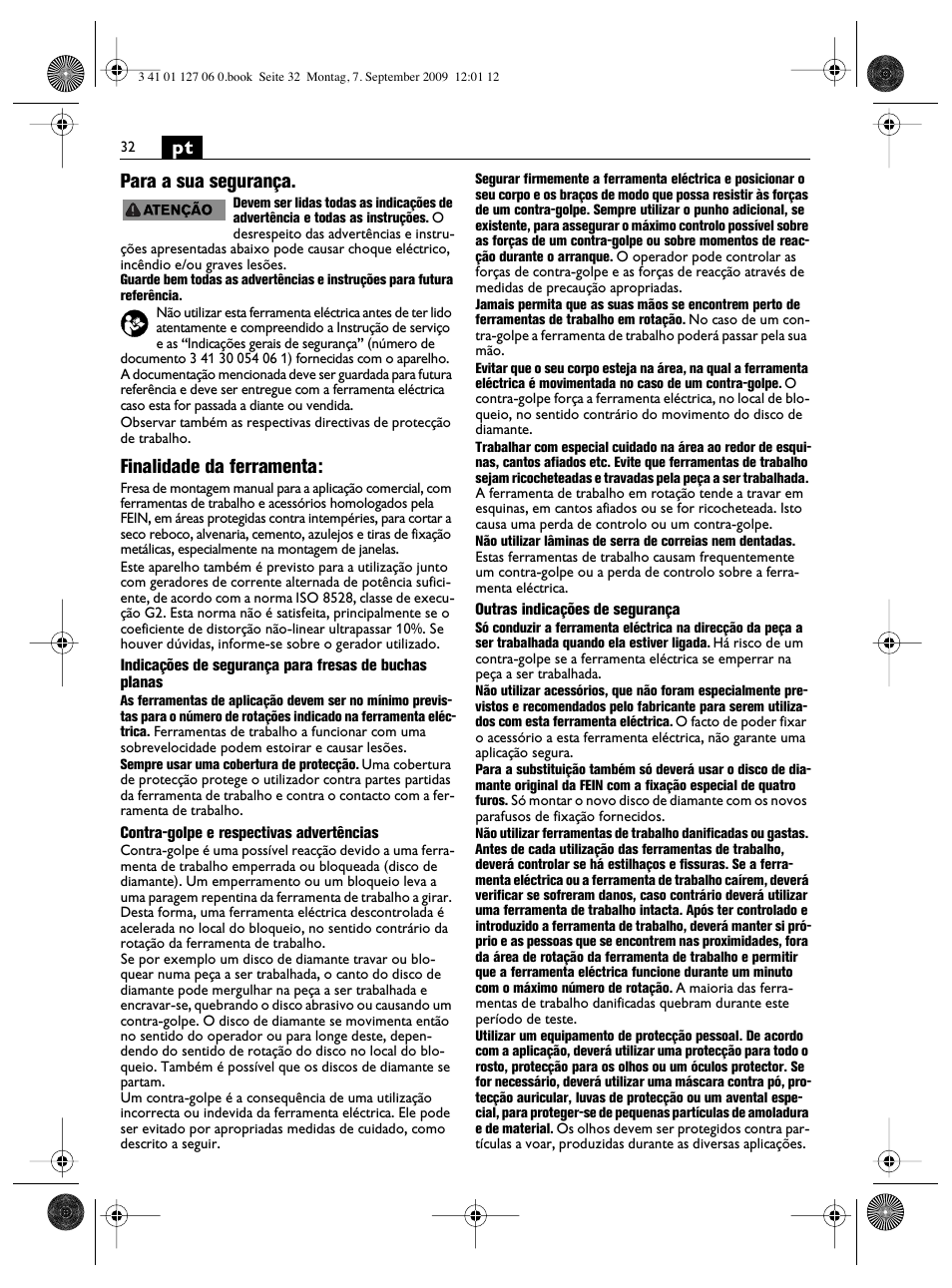 Pt para a sua segurança, Finalidade da ferramenta | Fein MF14_180 User Manual | Page 32 / 77