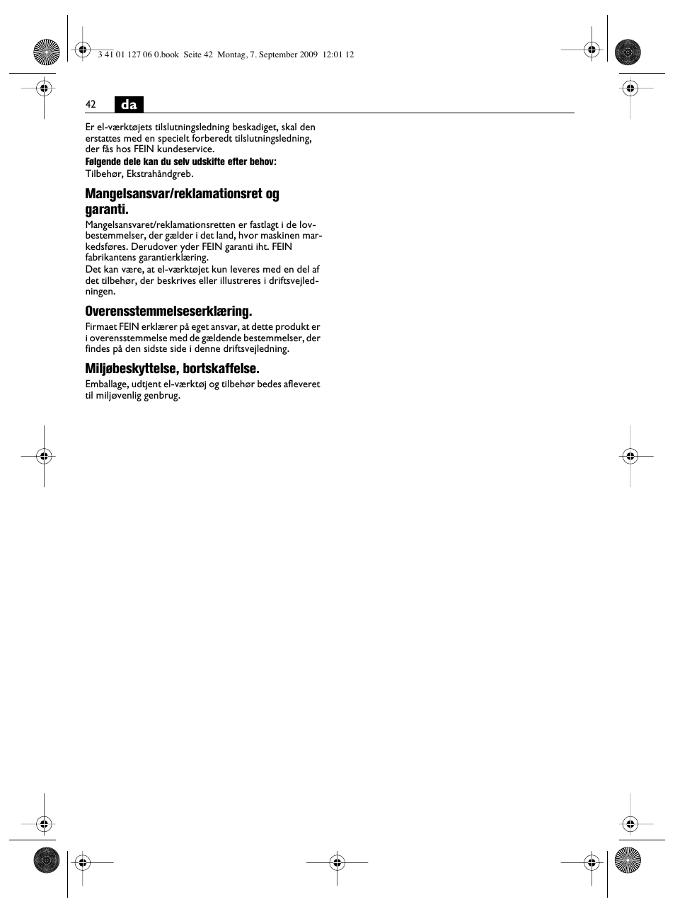 Mangelsansvar/reklamationsret og garanti, Overensstemmelseserklæring, Miljøbeskyttelse, bortskaffelse | Fein MF14_180 User Manual | Page 42 / 77