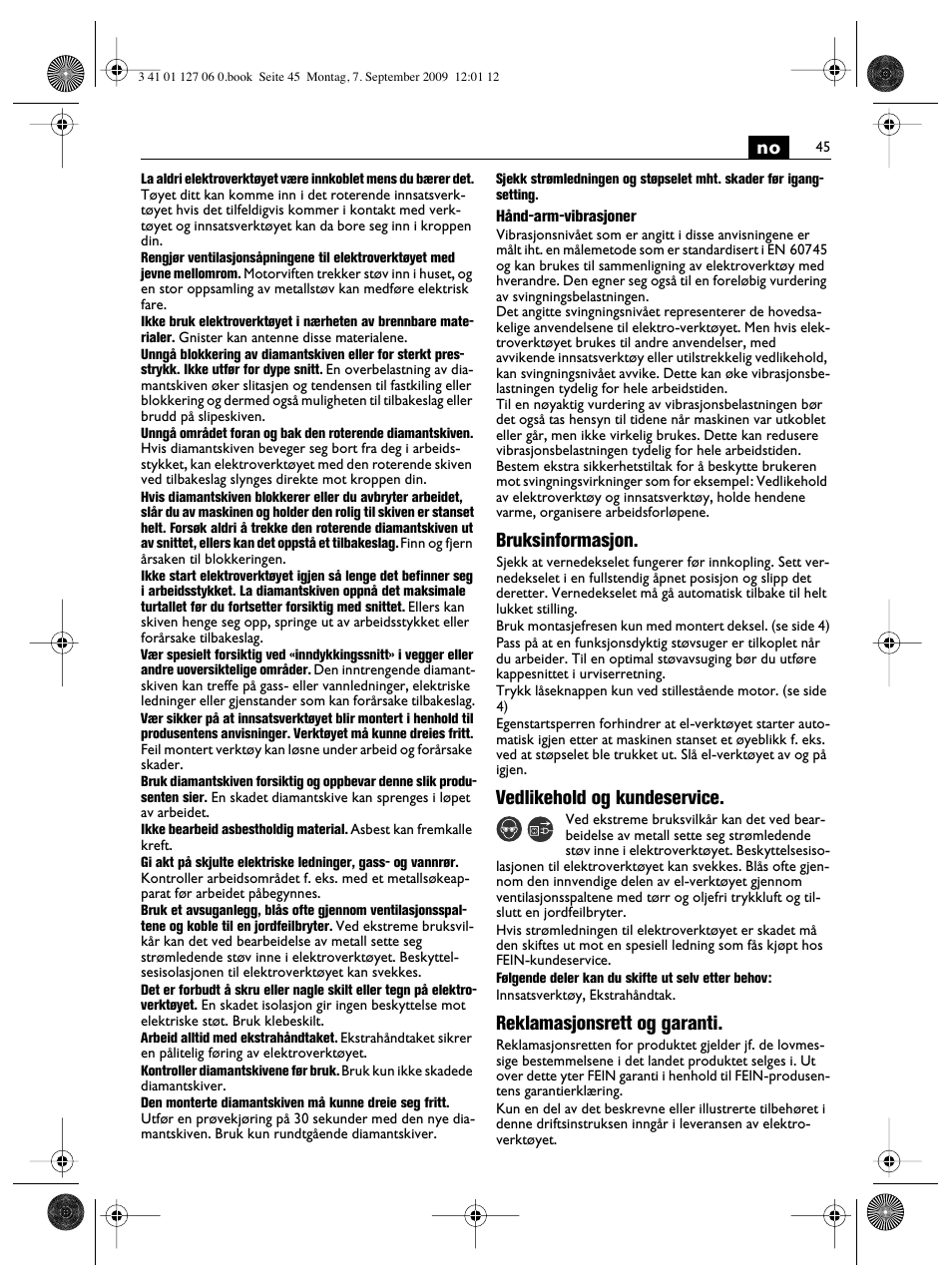 Bruksinformasjon, Vedlikehold og kundeservice, Reklamasjonsrett og garanti | Fein MF14_180 User Manual | Page 45 / 77