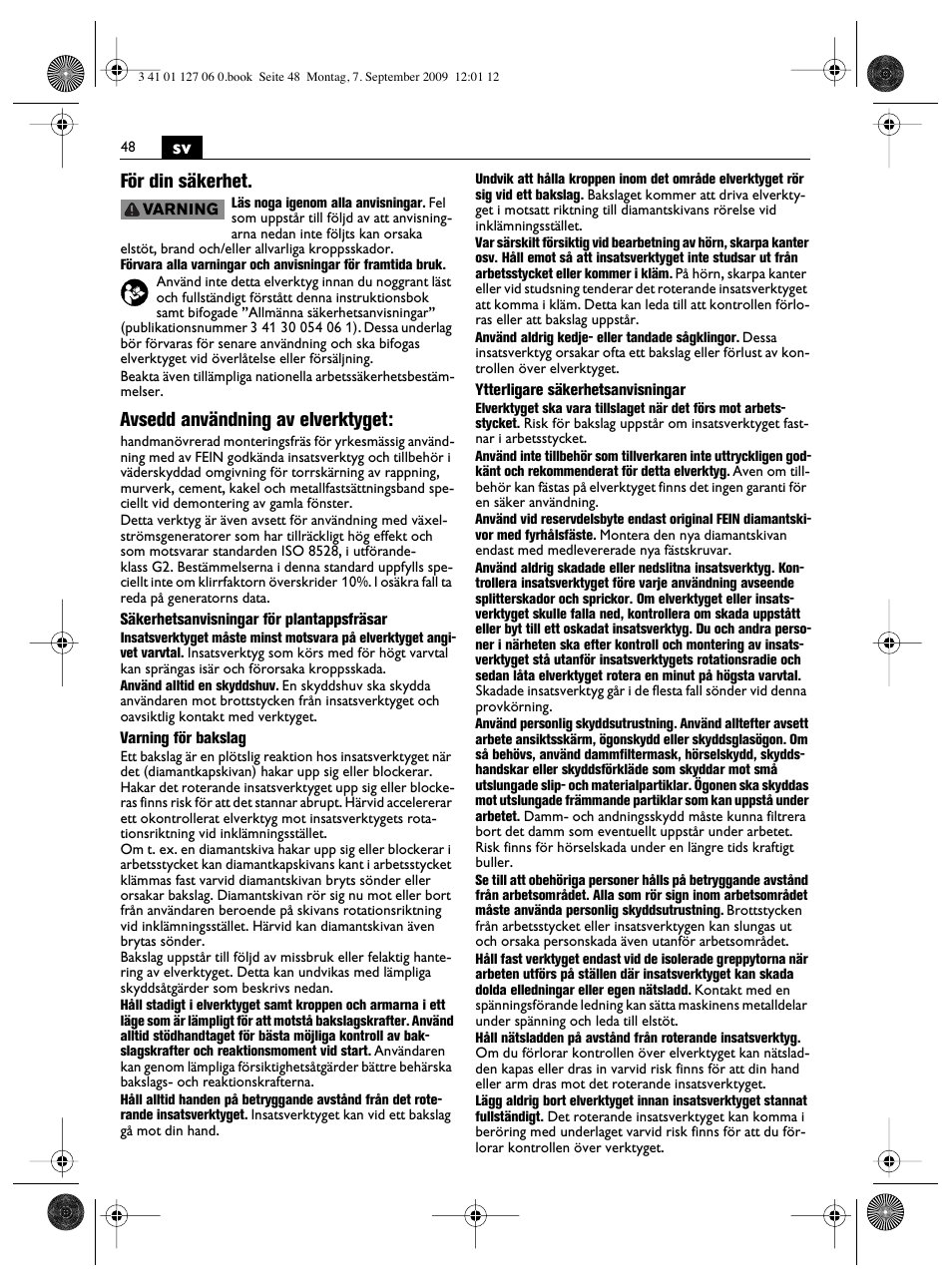Sv för din säkerhet, Avsedd användning av elverktyget | Fein MF14_180 User Manual | Page 48 / 77