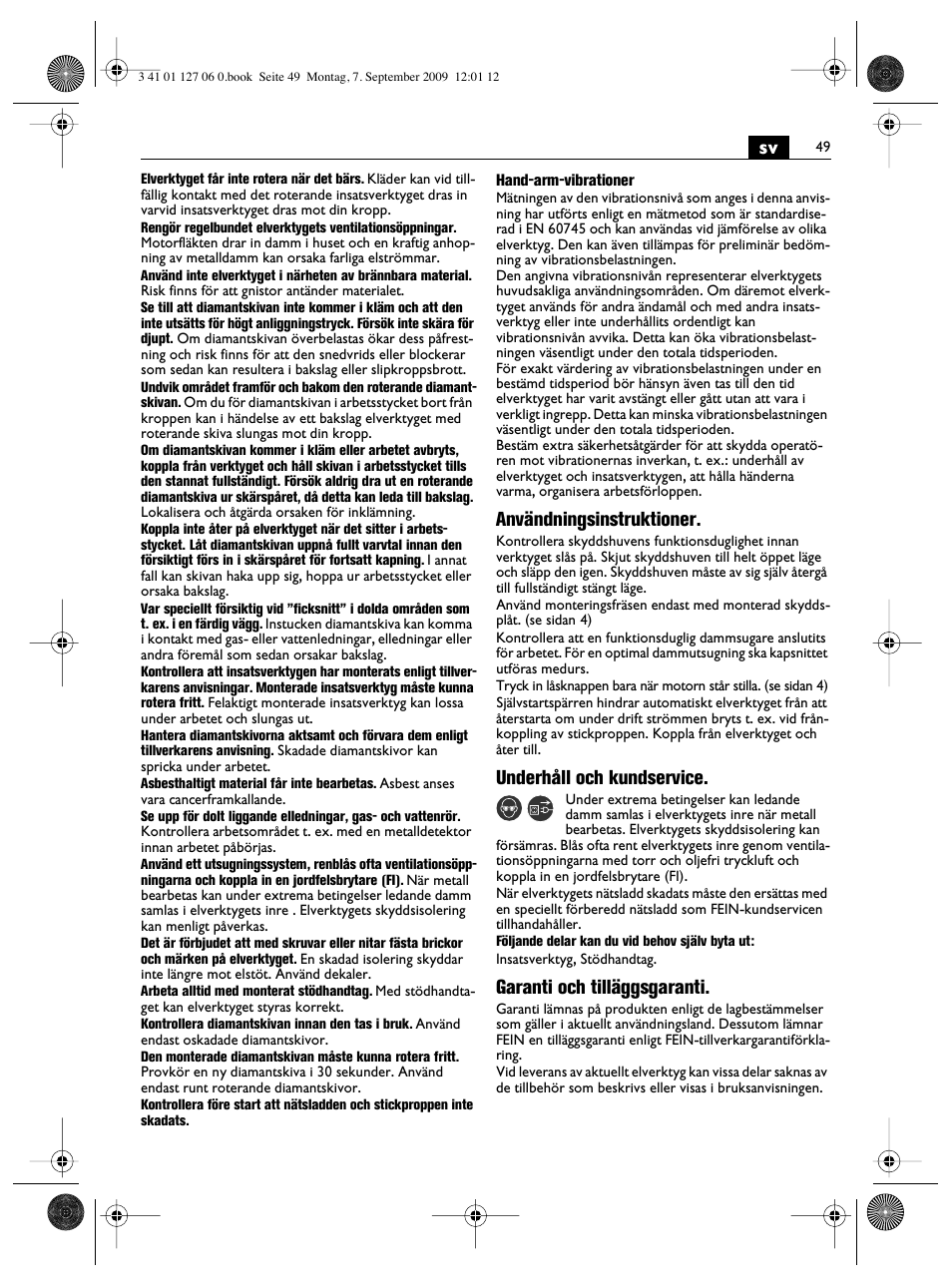 Användningsinstruktioner, Underhåll och kundservice, Garanti och tilläggsgaranti | Fein MF14_180 User Manual | Page 49 / 77