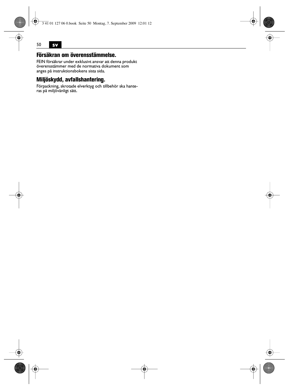 Sv försäkran om överensstämmelse, Miljöskydd, avfallshantering | Fein MF14_180 User Manual | Page 50 / 77