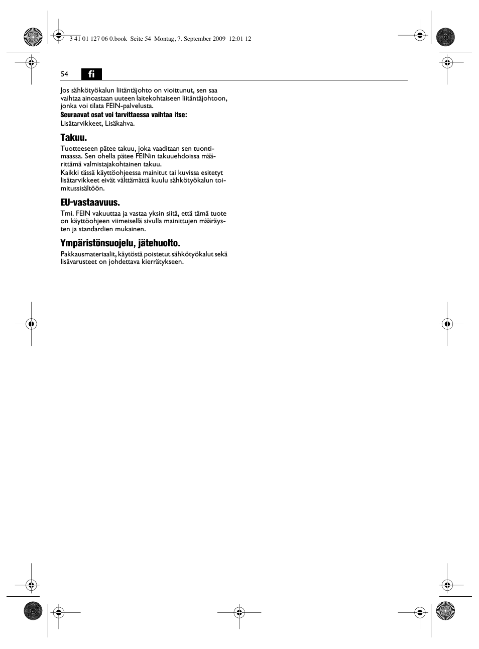 Takuu, Eu-vastaavuus, Ympäristönsuojelu, jätehuolto | Fein MF14_180 User Manual | Page 54 / 77