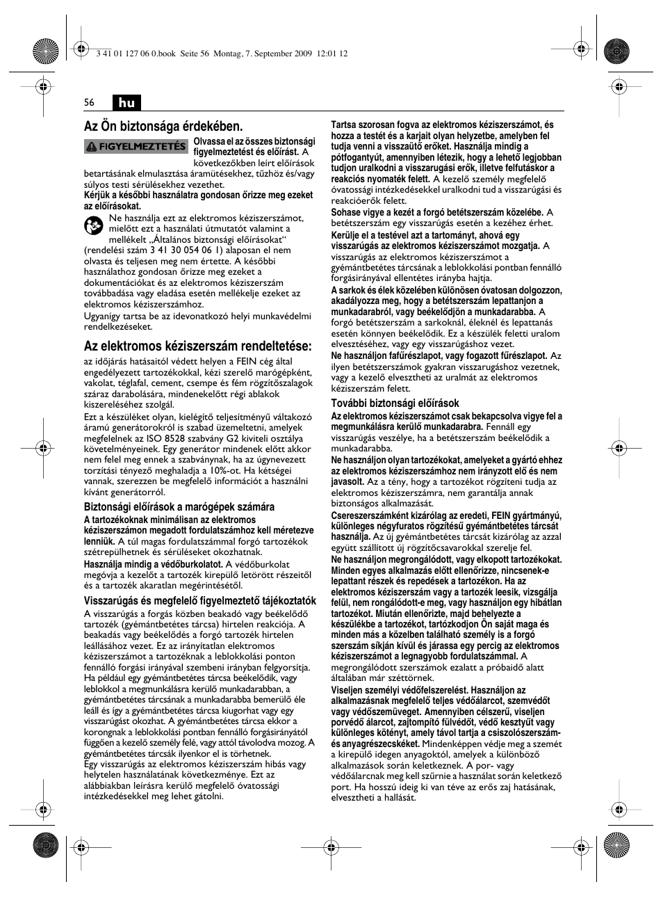 Hu az ön biztonsága érdekében, Az elektromos kéziszerszám rendeltetése | Fein MF14_180 User Manual | Page 56 / 77