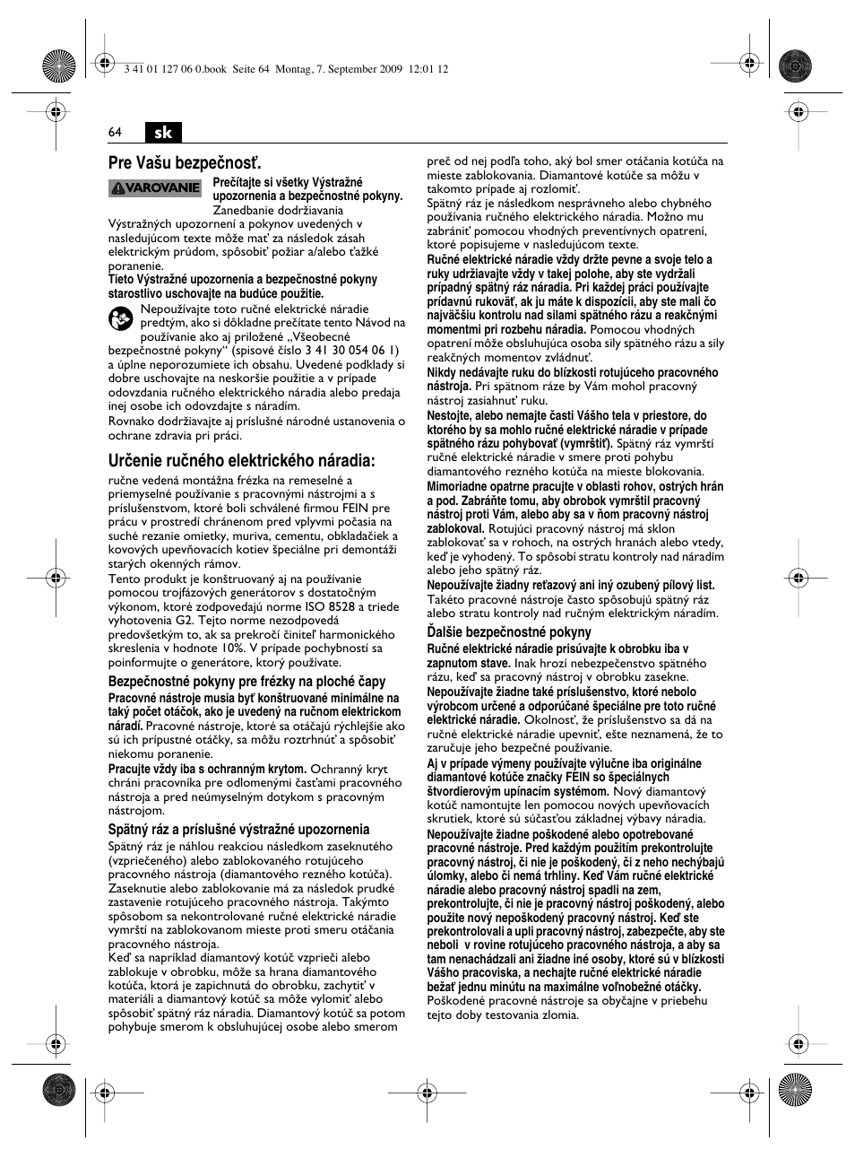 Sk pre va‰u bezpeãnosè, Urãenie ruãného elektrického náradia | Fein MF14_180 User Manual | Page 64 / 77
