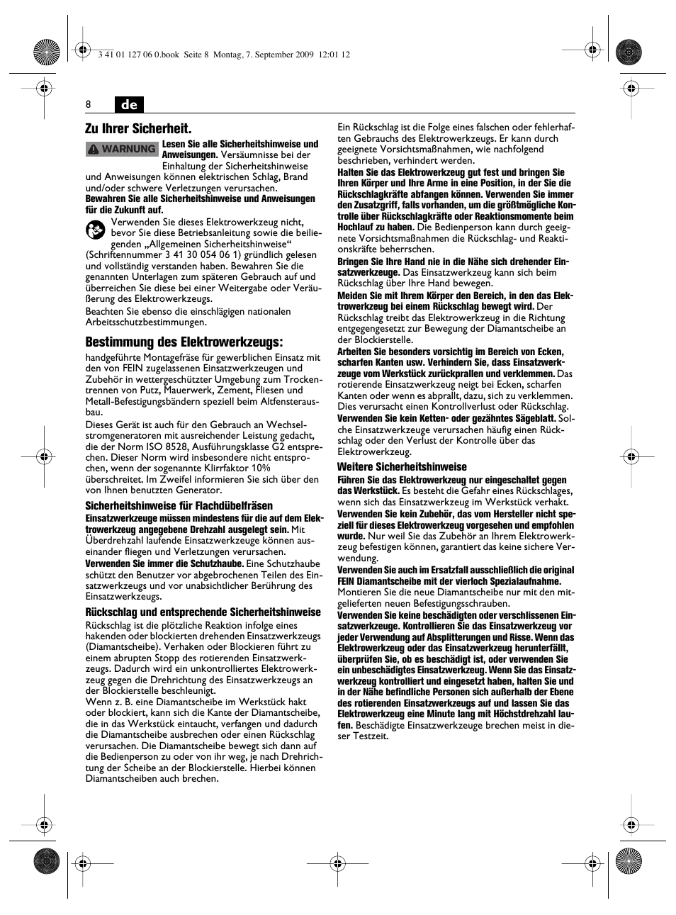 De zu ihrer sicherheit, Bestimmung des elektrowerkzeugs | Fein MF14_180 User Manual | Page 8 / 77