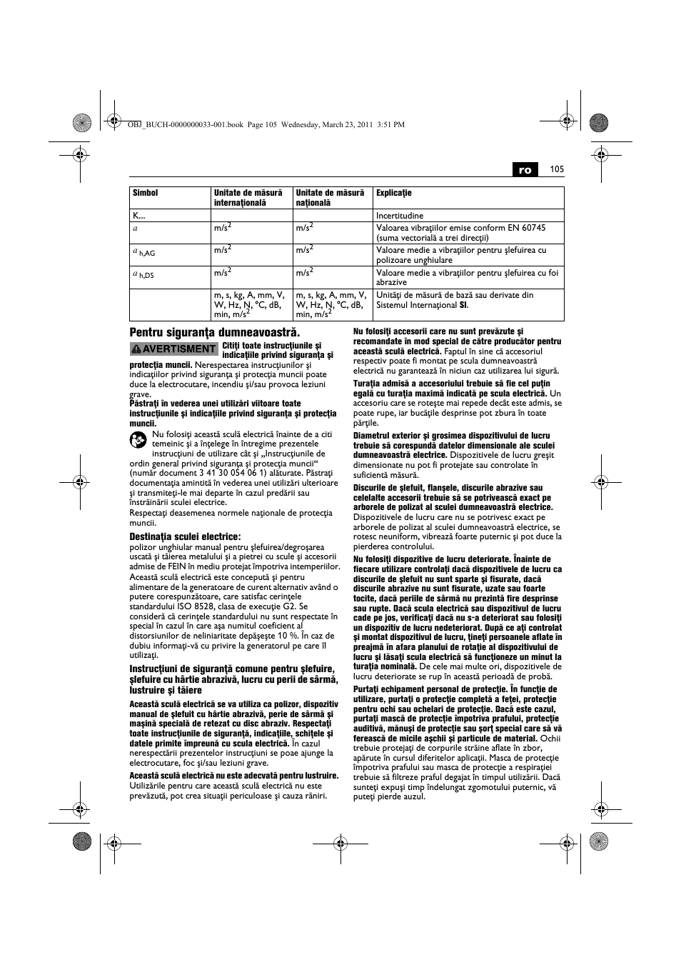 Ro pentru siguranţa dumneavoastră | Fein WSG 25-230 User Manual | Page 105 / 191