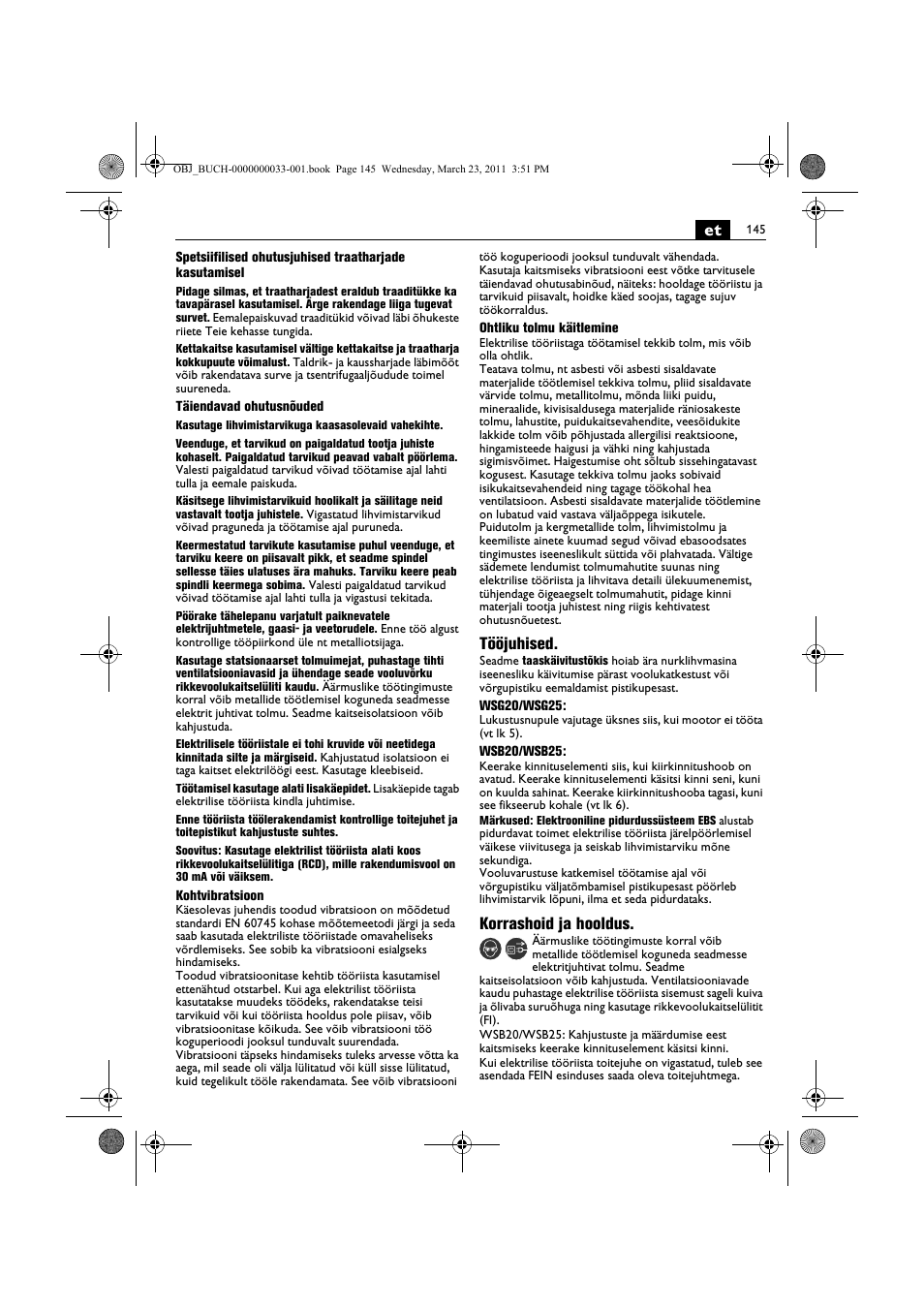 Tööjuhised, Korrashoid ja hooldus | Fein WSG 25-230 User Manual | Page 145 / 191