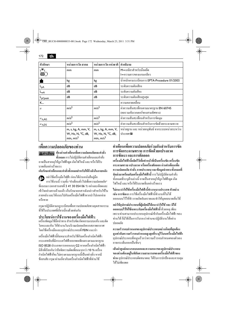 เพื่อความปลอดภัยของทาน, ประโยชนการใชงานของเครื่องมือไฟฟา | Fein WSG 25-230 User Manual | Page 172 / 191