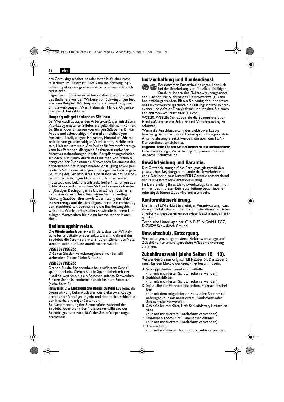 Bedienungshinweise, Instandhaltung und kundendienst, Gewährleistung und garantie | Konformitätserklärung, Umweltschutz, entsorgung, Zubehörauswahl (siehe seiten 12 – 13) | Fein WSG 25-230 User Manual | Page 18 / 191