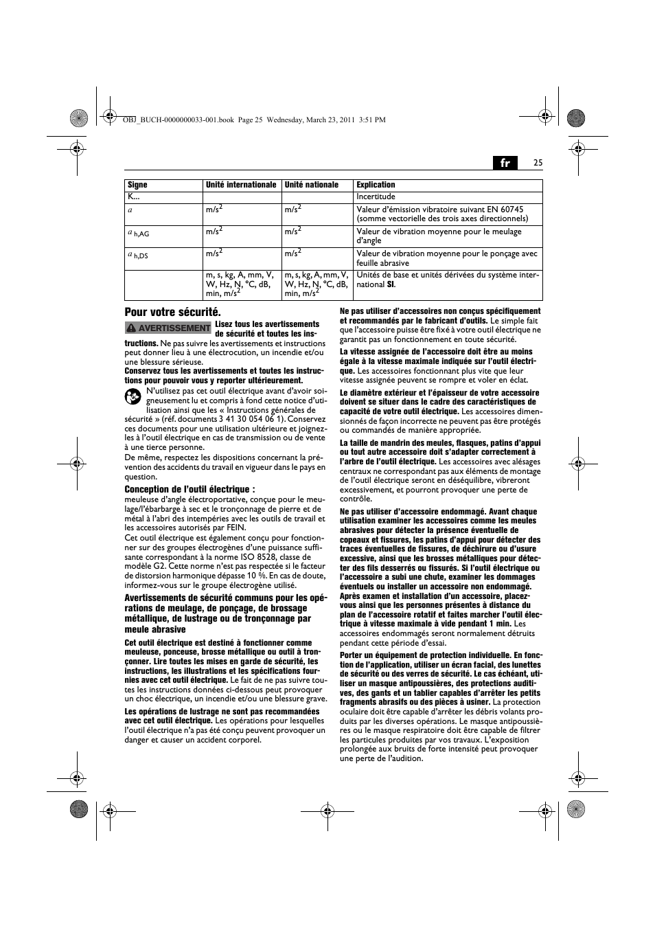 Fr pour votre sécurité | Fein WSG 25-230 User Manual | Page 25 / 191