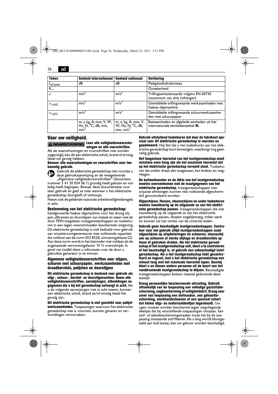 Nl voor uw veiligheid | Fein WSG 25-230 User Manual | Page 36 / 191