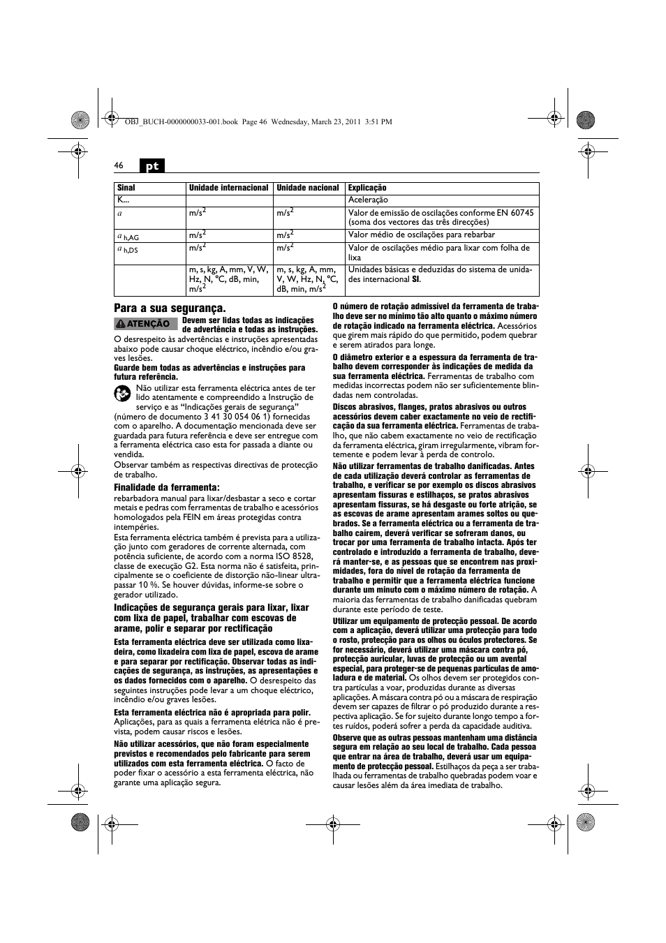 Pt para a sua segurança | Fein WSG 25-230 User Manual | Page 46 / 191