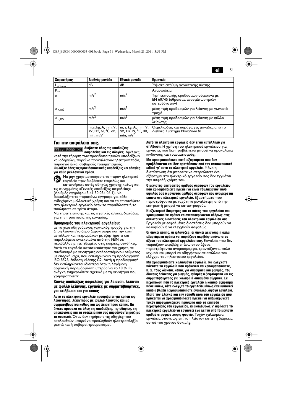 El για την ασφάλειά σας | Fein WSG 25-230 User Manual | Page 51 / 191