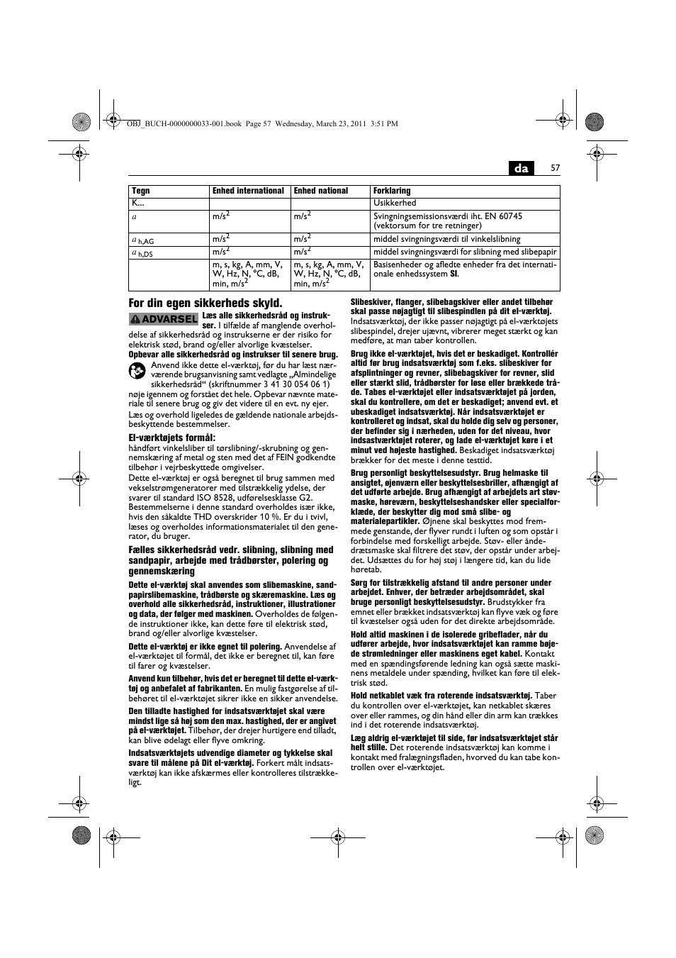 Da for din egen sikkerheds skyld | Fein WSG 25-230 User Manual | Page 57 / 191