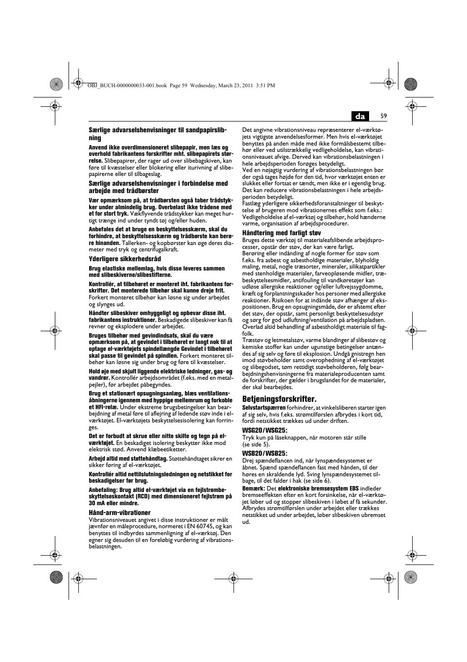 Betjeningsforskrifter | Fein WSG 25-230 User Manual | Page 59 / 191