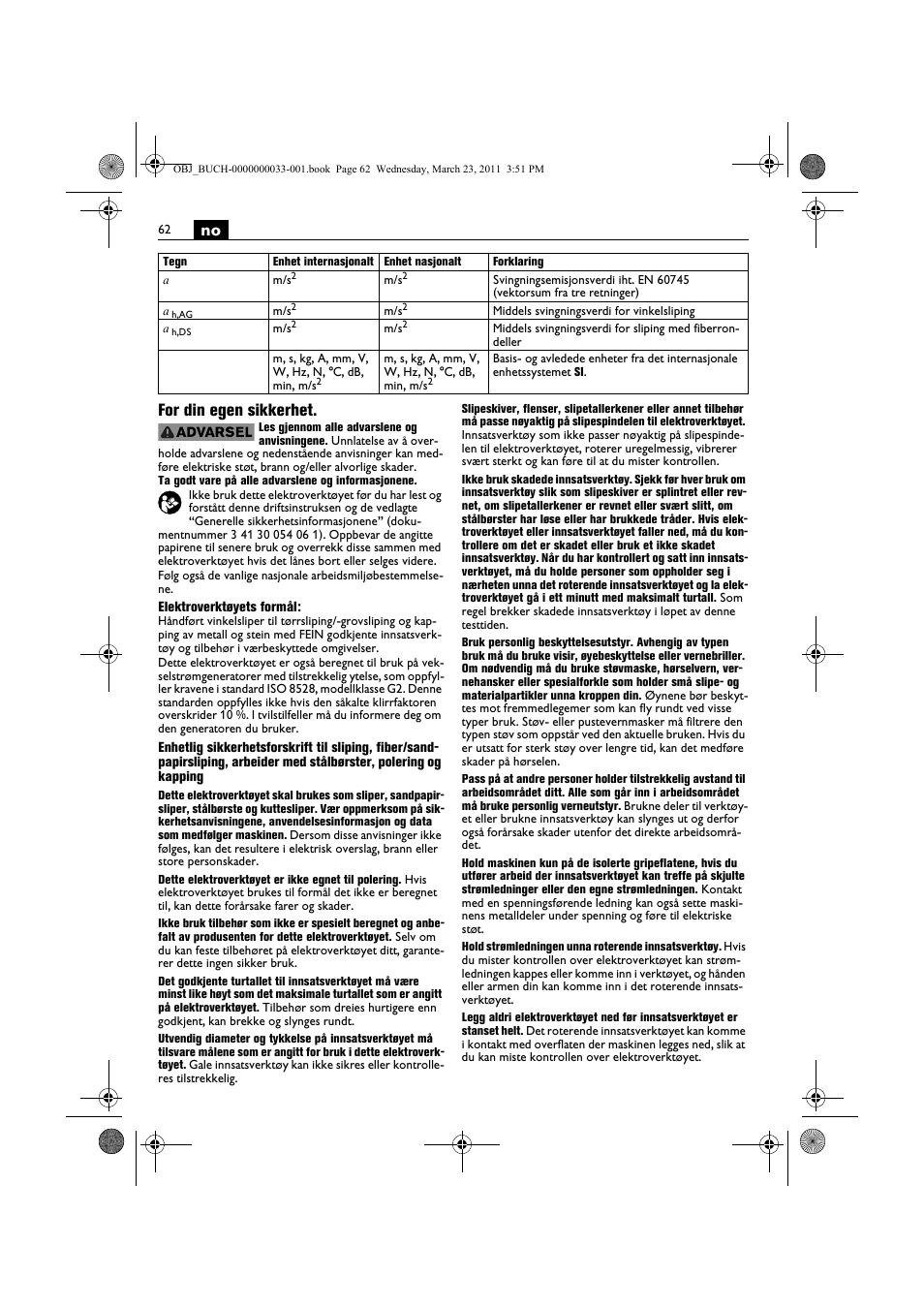 No for din egen sikkerhet | Fein WSG 25-230 User Manual | Page 62 / 191