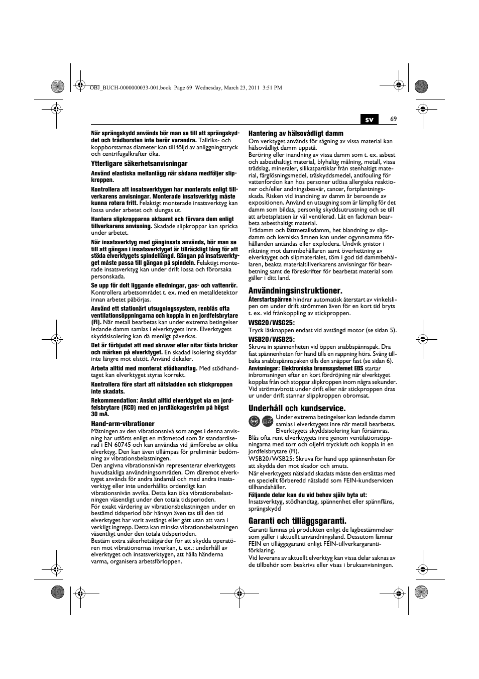 Användningsinstruktioner, Underhåll och kundservice, Garanti och tilläggsgaranti | Fein WSG 25-230 User Manual | Page 69 / 191