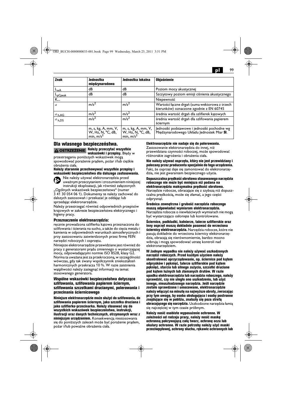 Pl dla własnego bezpieczeństwa | Fein WSG 25-230 User Manual | Page 99 / 191