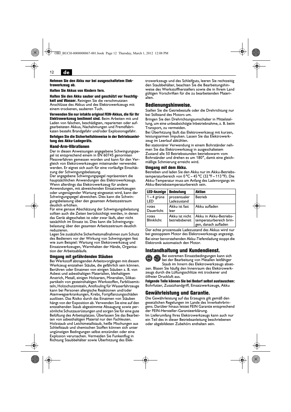 Bedienungshinweise, Instandhaltung und kundendienst, Gewährleistung und garantie | Fein ABOP 13-2 User Manual | Page 12 / 131