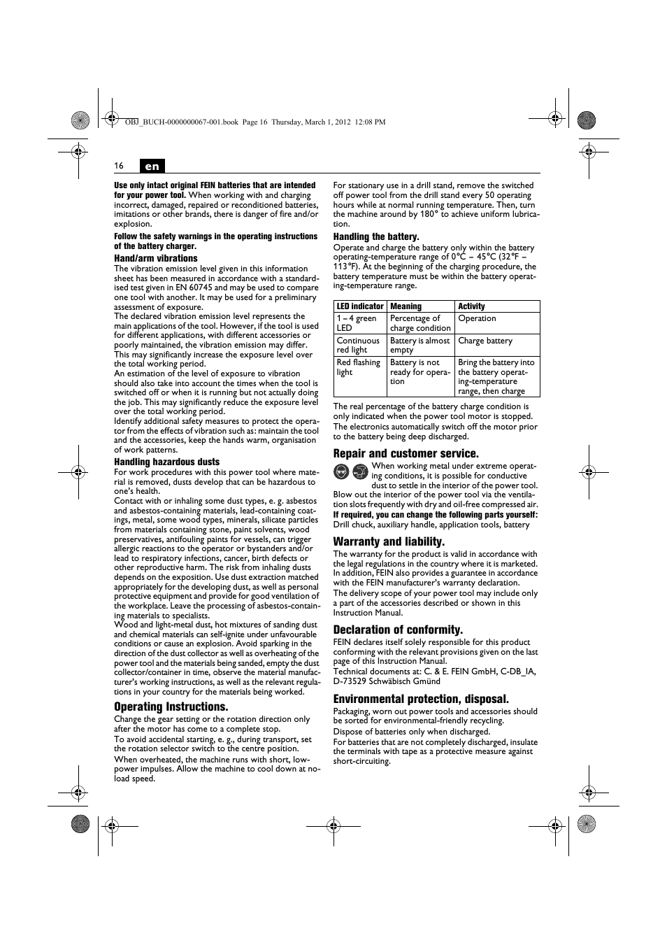 Operating instructions, Repair and customer service, Warranty and liability | Declaration of conformity, Environmental protection, disposal | Fein ABOP 13-2 User Manual | Page 16 / 131