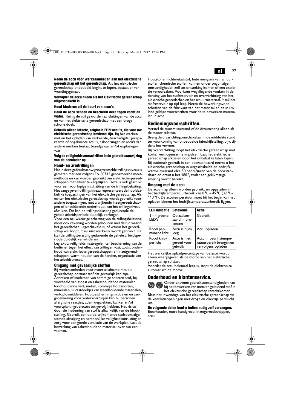 Bedieningsvoorschriften, Onderhoud en klantenservice | Fein ABOP 13-2 User Manual | Page 27 / 131