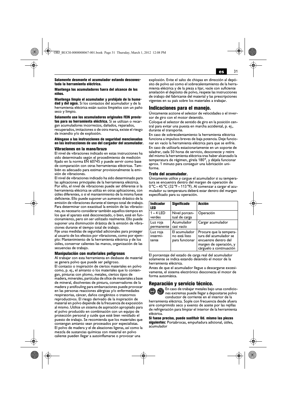 Indicaciones para el manejo, Reparación y servicio técnico | Fein ABOP 13-2 User Manual | Page 31 / 131