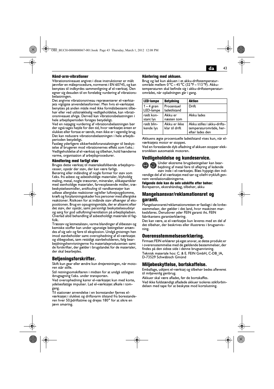 Betjeningsforskrifter, Vedligeholdelse og kundeservice, Mangelsansvar/reklamationsret og garanti | Overensstemmelseserklæring, Miljøbeskyttelse, bortskaffelse | Fein ABOP 13-2 User Manual | Page 43 / 131