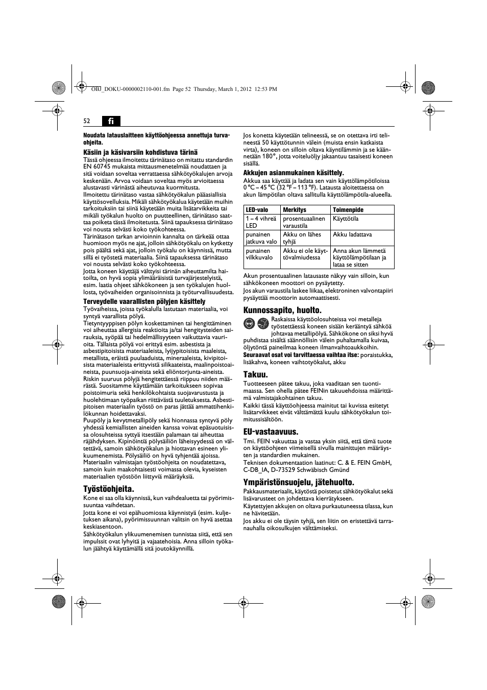 Työstöohjeita, Kunnossapito, huolto, Takuu | Eu-vastaavuus, Ympäristönsuojelu, jätehuolto | Fein ABOP 13-2 User Manual | Page 52 / 131