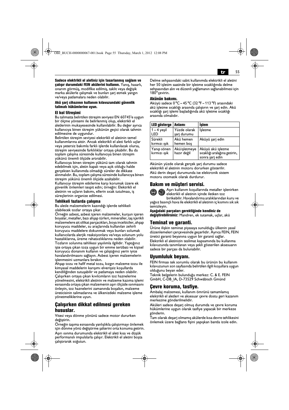 Çalışırken dikkat edilmesi gereken hususlar, Bakım ve müşteri servisi, Teminat ve garanti | Uyumluluk beyanı, Çevre koruma, tasfiye | Fein ABOP 13-2 User Manual | Page 55 / 131