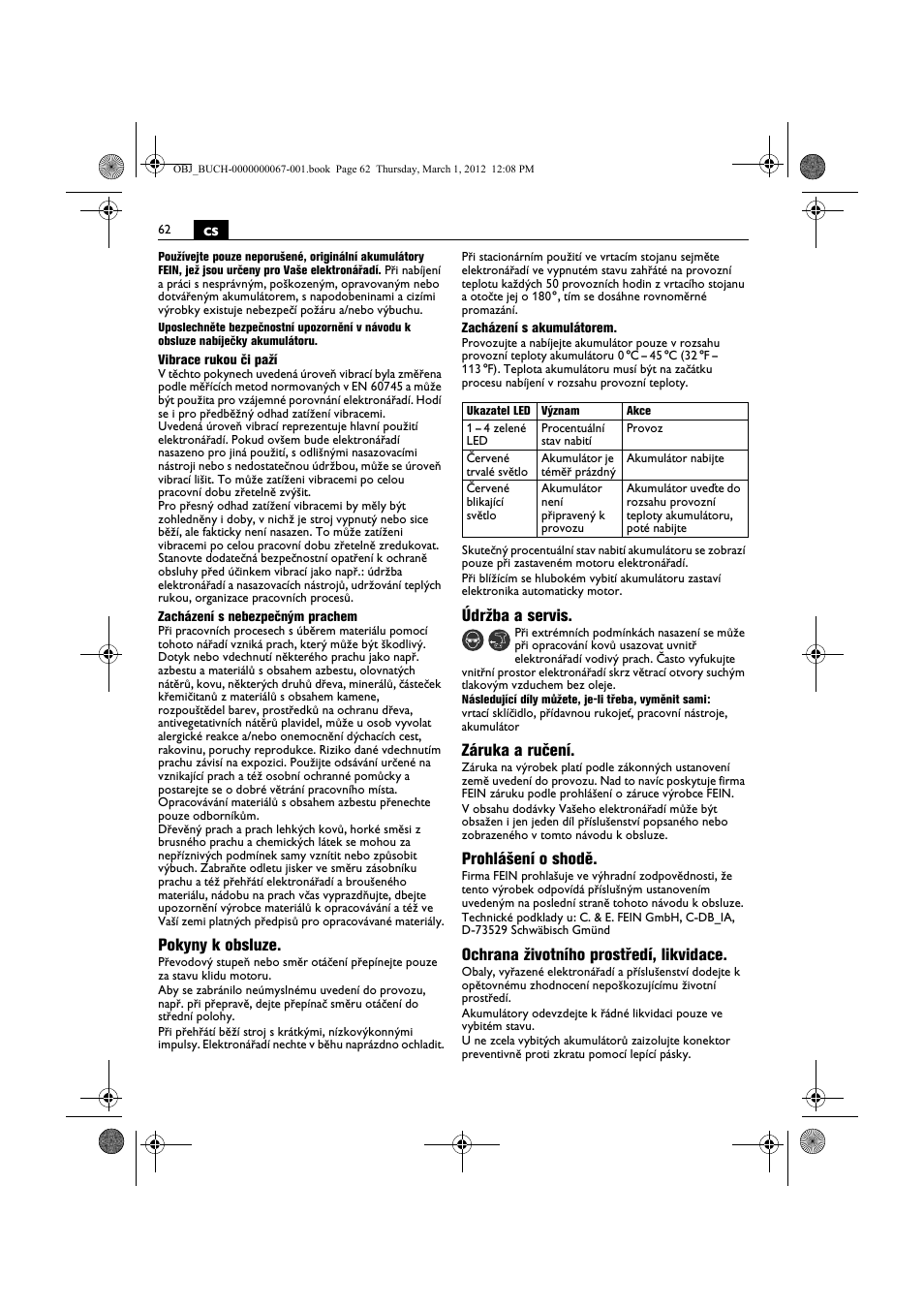 Pokyny k obsluze, Údržba a servis, Záruka a ručení | Prohlášení o shodě, Ochrana životního prostředí, likvidace | Fein ABOP 13-2 User Manual | Page 62 / 131