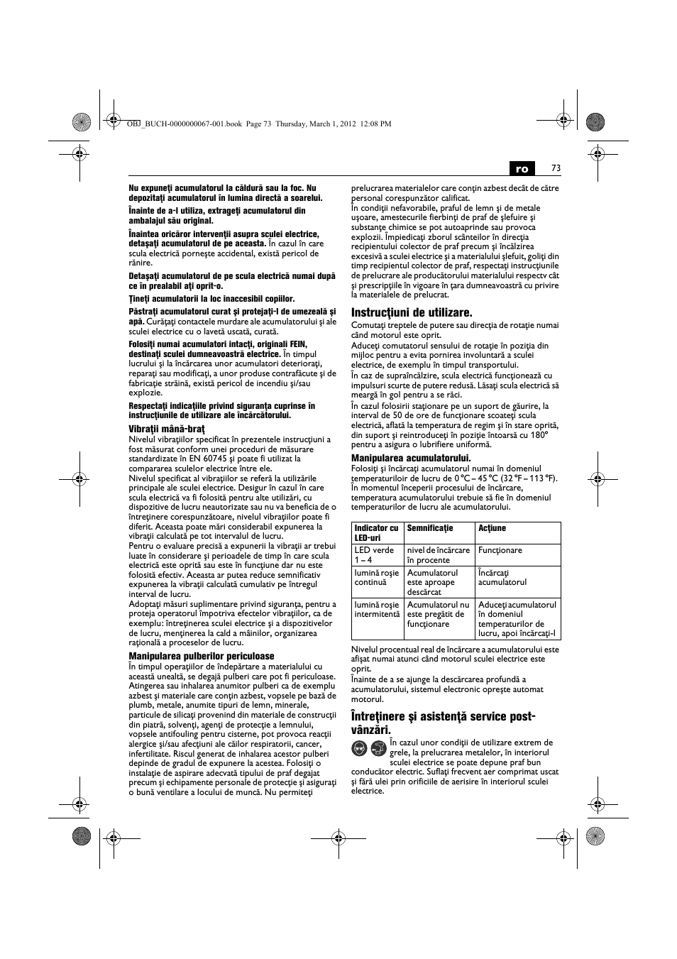 Instrucţiuni de utilizare, Întreţinere şi asistenţă service post- vânzări | Fein ABOP 13-2 User Manual | Page 73 / 131