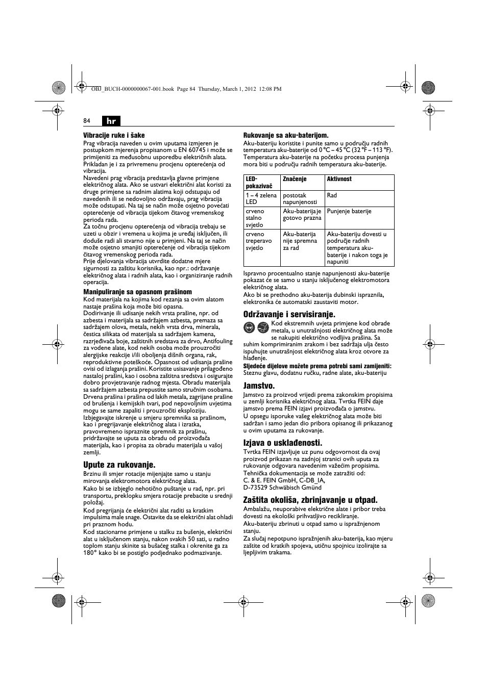 Upute za rukovanje, Održavanje i servisiranje, Jamstvo | Izjava o usklađenosti, Zaštita okoliša, zbrinjavanje u otpad | Fein ABOP 13-2 User Manual | Page 84 / 131