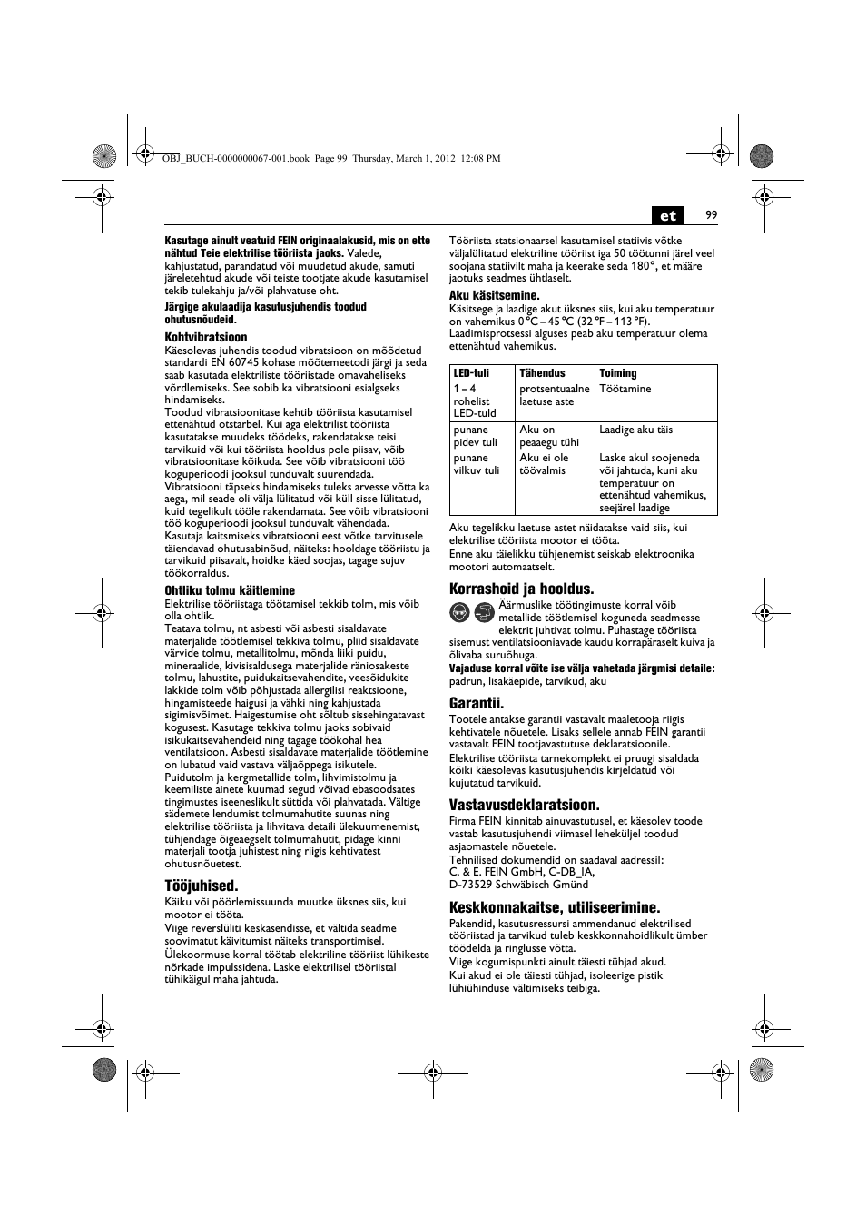 Tööjuhised, Korrashoid ja hooldus, Garantii | Vastavusdeklaratsioon, Keskkonnakaitse, utiliseerimine | Fein ABOP 13-2 User Manual | Page 99 / 131