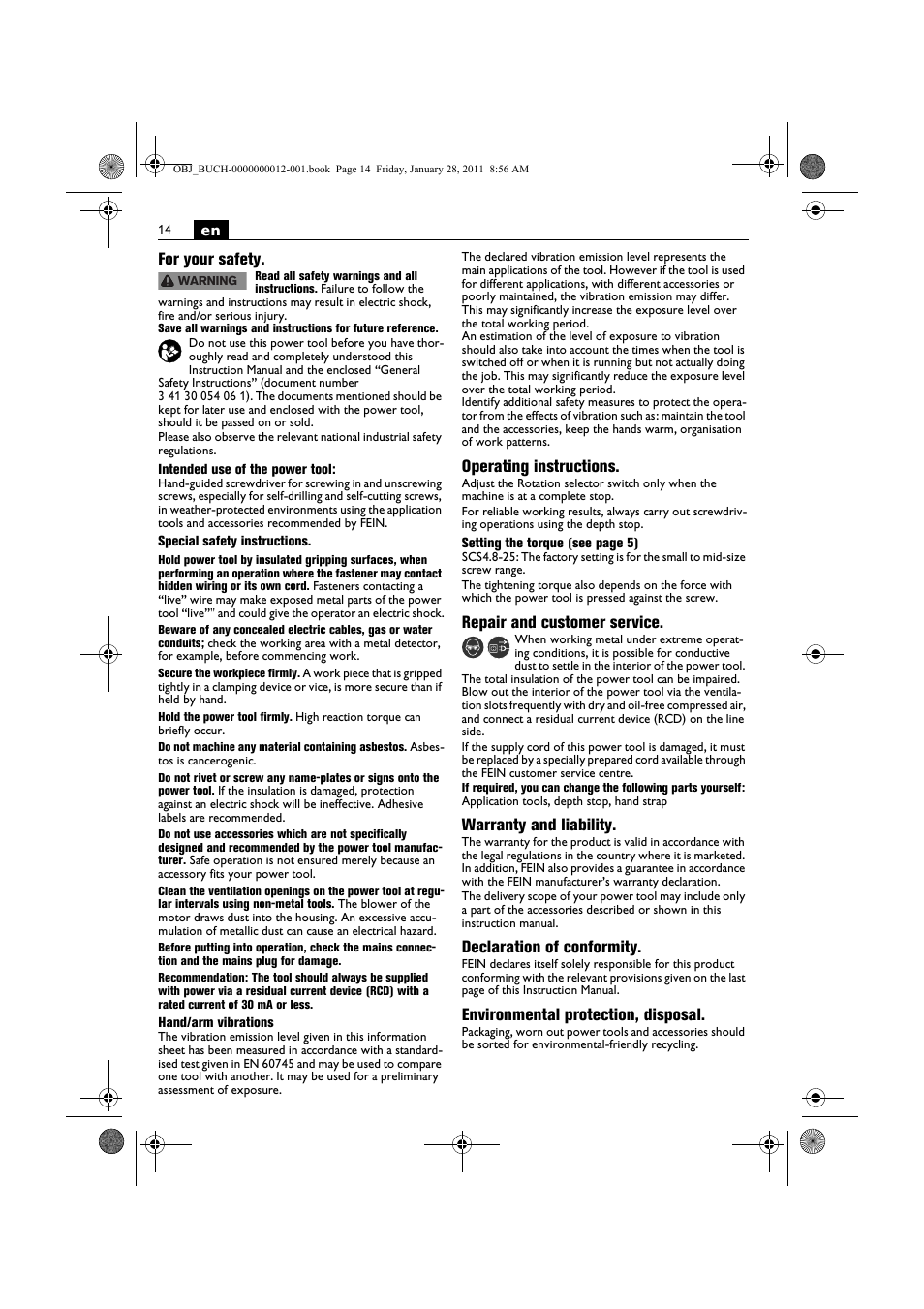 En for your safety, Operating instructions, Repair and customer service | Warranty and liability, Declaration of conformity, Environmental protection, disposal | Fein SCS_6.3-19 User Manual | Page 14 / 95