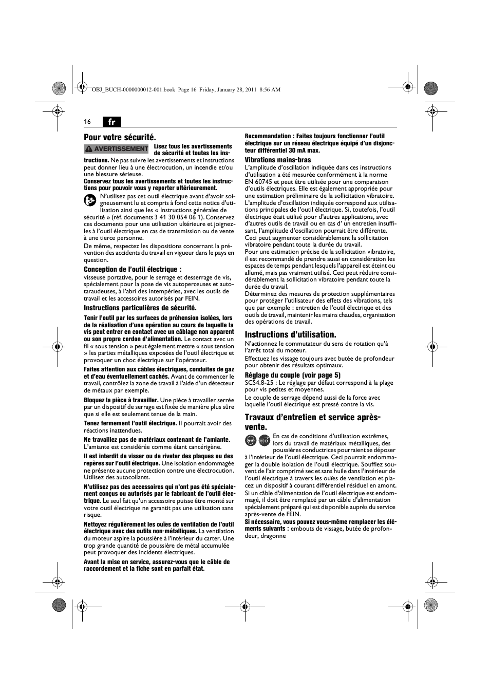 Fr pour votre sécurité, Instructions d’utilisation, Travaux d’entretien et service après- vente | Fein SCS_6.3-19 User Manual | Page 16 / 95
