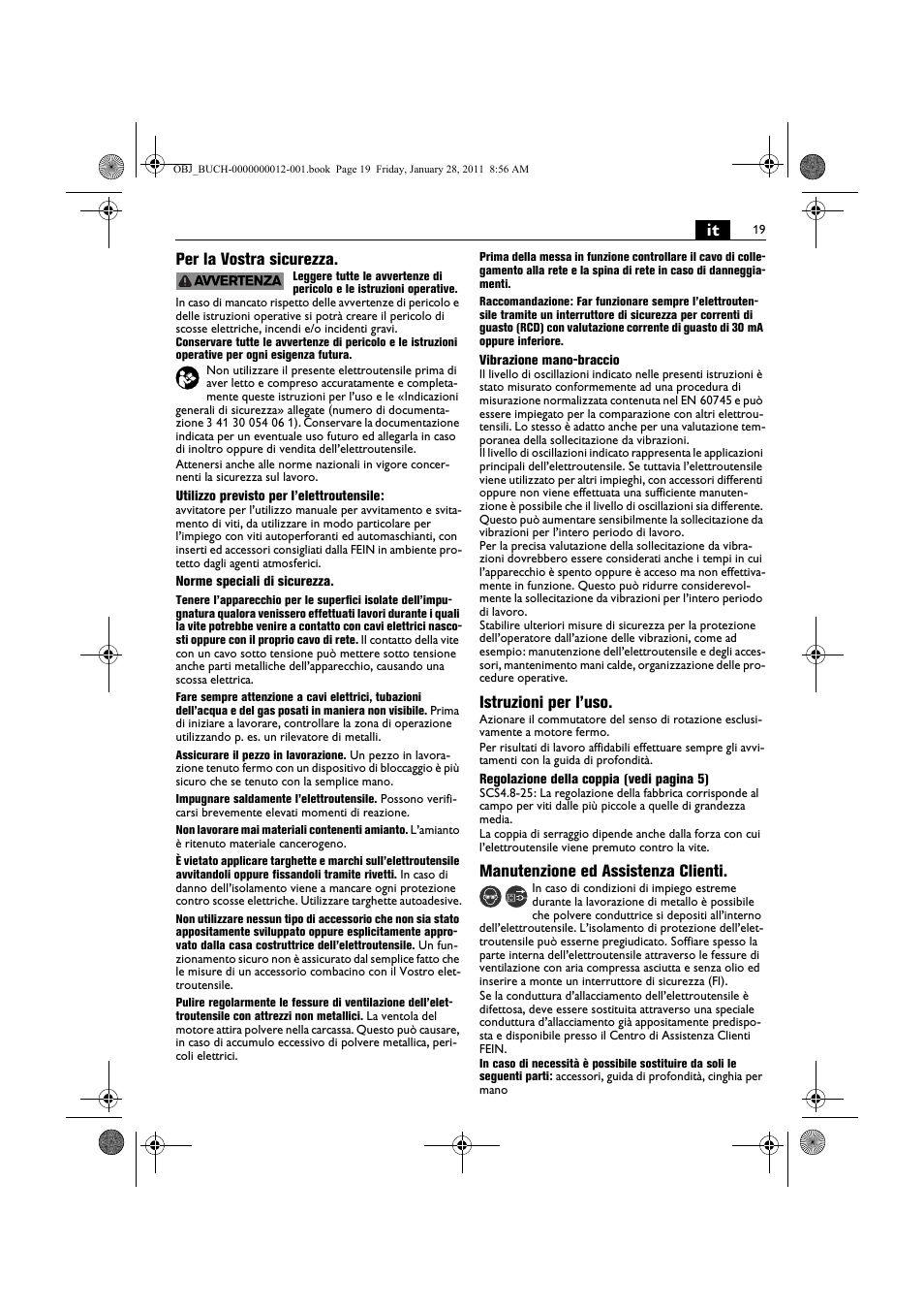 It per la vostra sicurezza, Istruzioni per l’uso, Manutenzione ed assistenza clienti | Fein SCS_6.3-19 User Manual | Page 19 / 95
