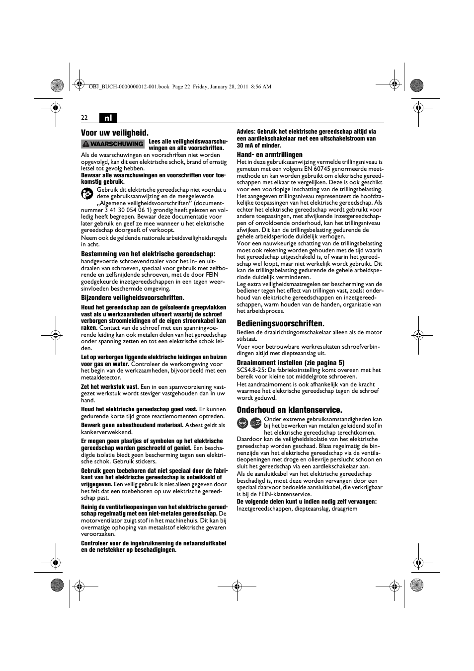 Nl voor uw veiligheid, Bedieningsvoorschriften, Onderhoud en klantenservice | Fein SCS_6.3-19 User Manual | Page 22 / 95